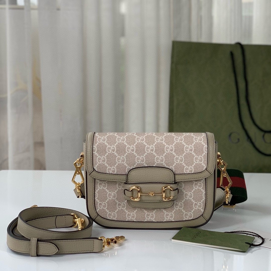 Gucci Horsebit 1955 Series Saddle Bag Mini Handbag Beige and White